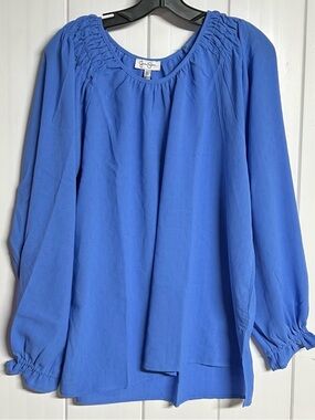 Jessica Simpson Cobalt Blue Smocked Yoke Long Sleeve Blouse